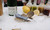 TOADFISH Toadfish Abalone Oyster Shucking Knife Limited Edition, a knife with a decorative abalone shell handle, resting on oysters on ice with lemon, sauce bottles, and a wine bottle in the background.