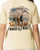 F&F Hooked on Freedom Short Sleeve With Pocket, close-up of the cream-colored t-shirt featuring a graphic print of three men with a dog, with text and numbers in a vintage style.