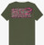 F&F Fish on Camo Ladies VNeck, green camouflage short sleeve T-shirt with pink and black graphic logo of a fish and the text 'Frank & Frans Bait & Tackle' on the back.