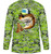 F&F Sporty Drum Youth, green camouflage long-sleeve shirt with a graphic fish wearing sunglasses and a cap.