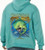 F&F Bad Mahi Hoodie, turquoise hoodie featuring a graphic of a large aggressive fish with smaller fish around it, logo and location printed on the back.