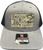 F&F Richardson 115 Inshore Camo Patch Hat, gray and black trucker cap with a camouflage patch featuring a fish and fishing bait logo.