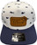 F&F 10/10 Leather Sign Logo Patch Hat, baseball cap with a white crown featuring black fish patterns and a navy blue brim with a leather patch that says 'Frank & Frans Bait & Tackle'.