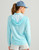 HUK Icon Printed Hoodie, woman wearing a light blue hoodie with a hood, sporty design, and subtle pattern, back view.