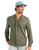 HUK Watershed Hooded Shirt, a man wearing a lightweight, olive green hooded shirt with snap buttons and a hood with drawstrings, outdoor casual style.