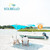 Solbello Sun Shade, outdoor beach scene with a large blue and white sun shade providing shade for two people sitting on beach chairs near a boat by the water.