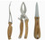 TOADFISH Toadfish Olive Wood Coastal Kitchen Collection, set of three kitchen tools including tongs, pliers, and a paring knife with olive wood handles.