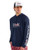 HUK Huk Pursuit Americana Fill Hoodie, a man wearing a navy blue hoodie with HUK logo and Americana design, standing against a plain background.