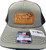 F&F Richardson 112+ rflex Leather Sign Patch, close-up of a trucker cap with a rectangular leather patch featuring the text 'FRANK & FRANS BAIT & TACKLE' and a fish graphic.
