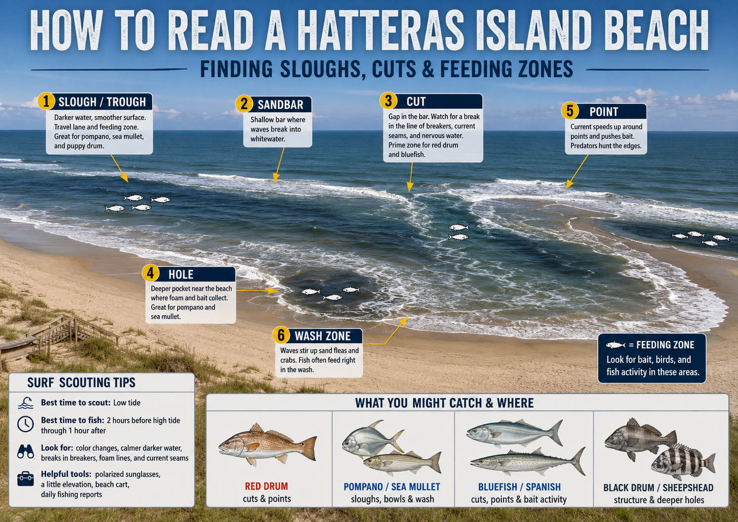 How to Read a Hatteras Island Beach: Finding Sloughs, Cuts, and Feeding Zones