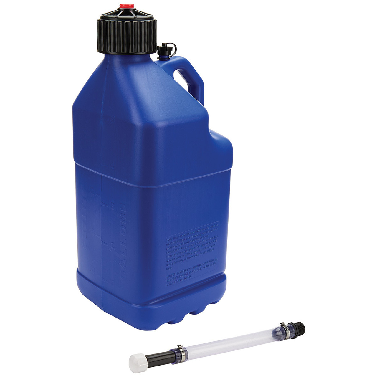 Utility Jug, 5 gal, 9.5 x 9.5 x 22.75 in Tall, O-Ring Seal Cap, Screw-On Vent, Filler Hose, Square, Plastic, Blue, Each Utility Jug, 5 gal, 9.5 x 9.5 x 22.75 in Tall, O-Ring Seal Cap, Screw-On Vent, Filler Hose, Square, Plastic, Blue, Each