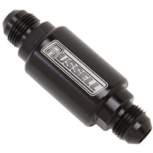 Russell Competition 40 Microns Fuel Filter with -8AN Inlet Size Fuel Filter, Competition Series, In-Line, 40 Micron, Stainless Element, 8 AN Male Inlet, 8 AN Male Outlet, Aluminum, Black Anodized, Each Russell Competition 40 Microns Fuel Filter with -8AN Inlet Size Fuel Filter, Competition Series, In-Line, 40 Micron, Stainless Element, 8 AN Male Inlet, 8 AN Male Outlet, Aluminum, Black Anodized, Each