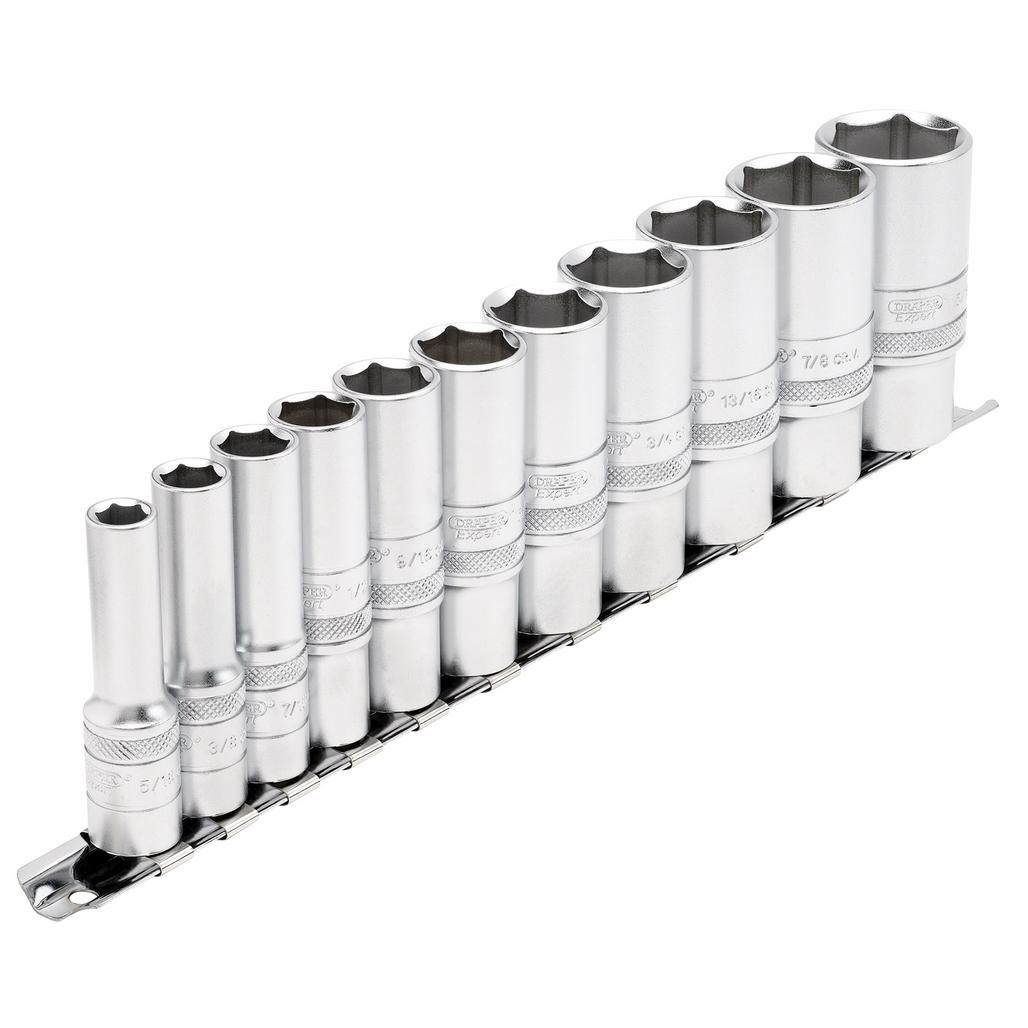 DRAPER 51pc. ソケットセット Imperial Deep Socket Set on a Metal Rail, 3/8