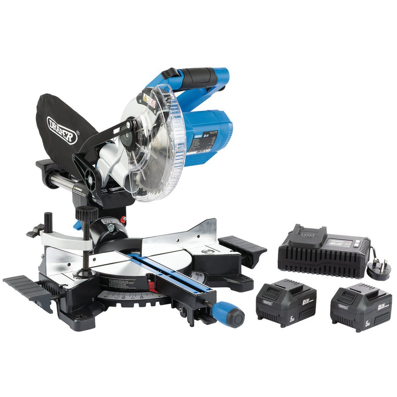 D20 20V Brushless 185mm Sliding Compound Mitre Saw Kit (+2 x 5Ah Batteries  and Charger) (99632) Draper Tools