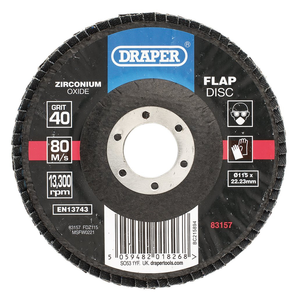 Zirconium Oxide Flap Disc, 115 x 22.23mm, 40 Grit (83157) | Draper Tools
