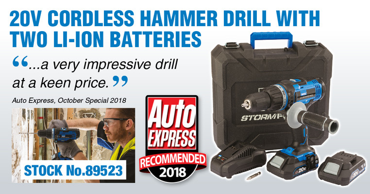 Auto Express Magazine Product Awards - Draper Storm Force® 20V Cordless Hammer Drill with Two Li-ion Batteries (Stock No.89523)