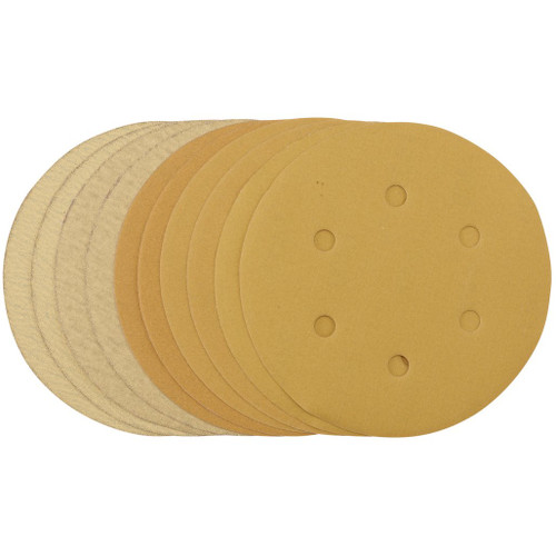 Gold Sanding Discs with Hook & Loop, 150mm, Assorted Grit - 120G, 180G, 240G, 320G, 400G, 6 Dust Extraction Holes (Pack of 10) - 64284_1.jpg