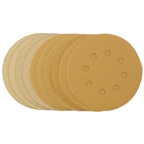 Gold Sanding Discs with Hook & Loop, 125mm, Assorted Grit - 120G, 180G, 240G, 320G, 400G, 8 Dust Extraction Holes (Pack of 10)  - 60161_1.jpg