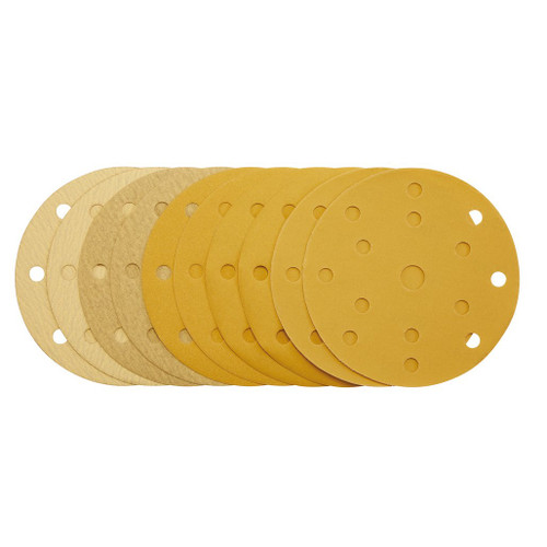 Gold Sanding Discs with Hook & Loop, 150mm, Assorted Grit - 120G, 180G, 240G, 320G, 400G, 15 Dust Extraction Holes (Pack of 10) - 08480_1.jpg