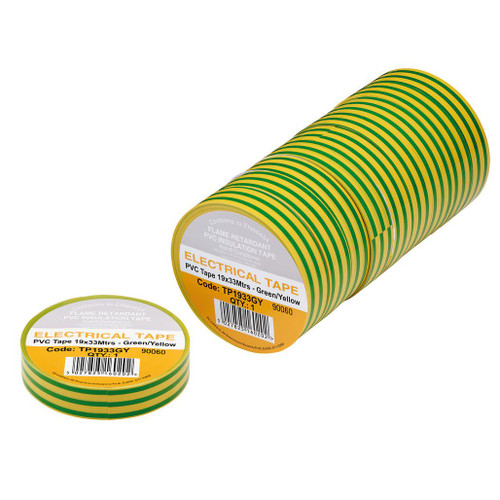 Green/Yellow PVC Electrical Insulation Tape, 19mm x 33m (Pack of 10) - 29504_1.jpg