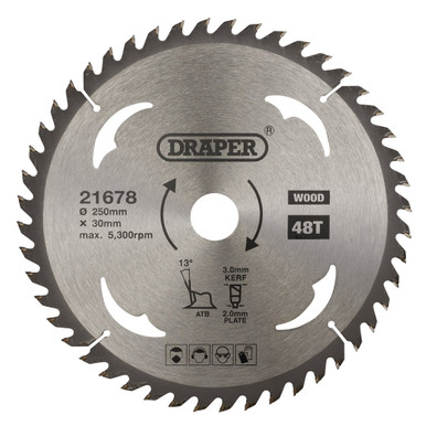 TCT Circular Saw Blade for Wood, 250 x 30mm, 48T (21678) | Draper