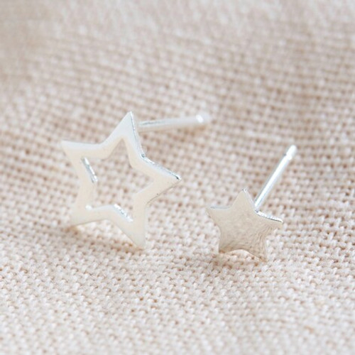 Mismatched Star Stud Earrings - Silver