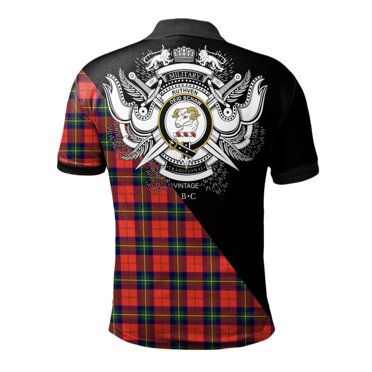 Scottish Ruthven Modern Clan Crest Tartan Polo Shirt - Military Logo Tartan Blether 2