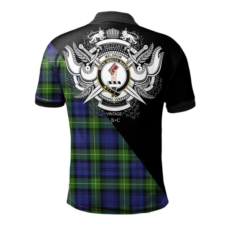 Scottish Meldrum Clan Crest Tartan Polo Shirt - Military Logo Tartan Blether 2