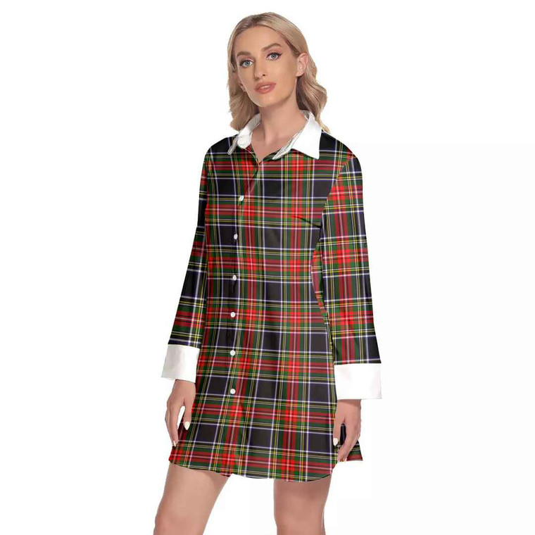 Scottish Stewart Black Clan Tartan Lapel Shirt Dress with Long Sleeves Tartan Blether 2