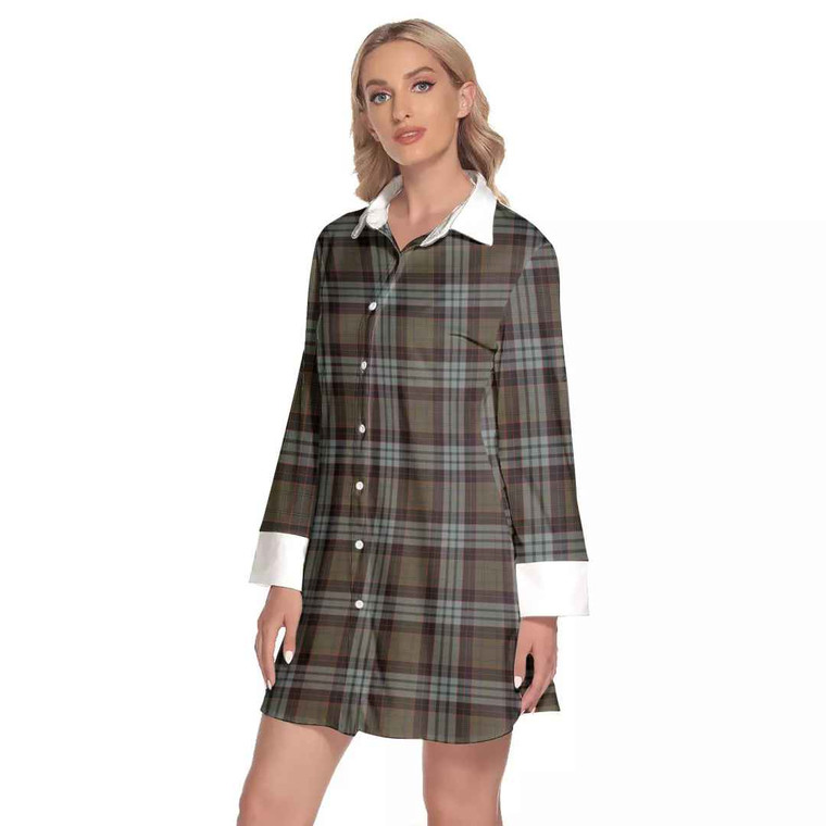 Scottish Stewart Old Weathered Clan Tartan Lapel Shirt Dress with Long Sleeves Tartan Blether 2