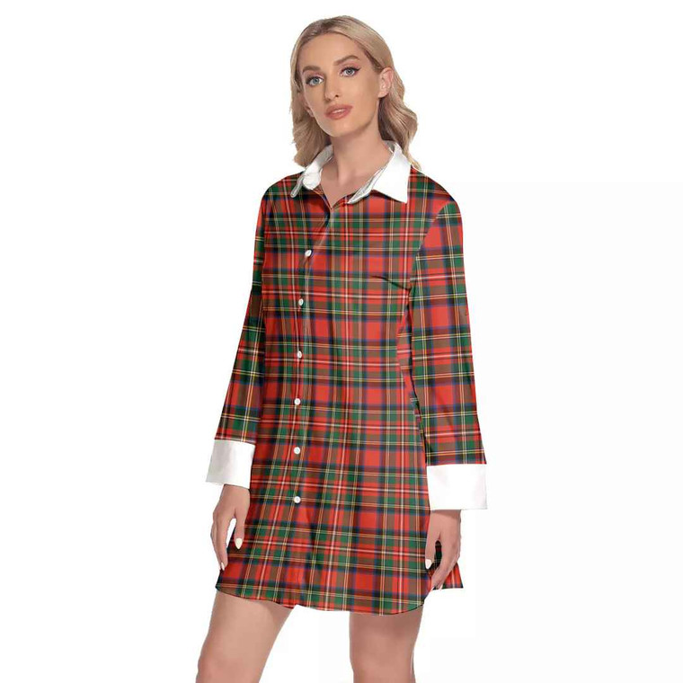 Scottish Stewart Royal Modern Clan Tartan Lapel Shirt Dress with Long Sleeves Tartan Blether 2