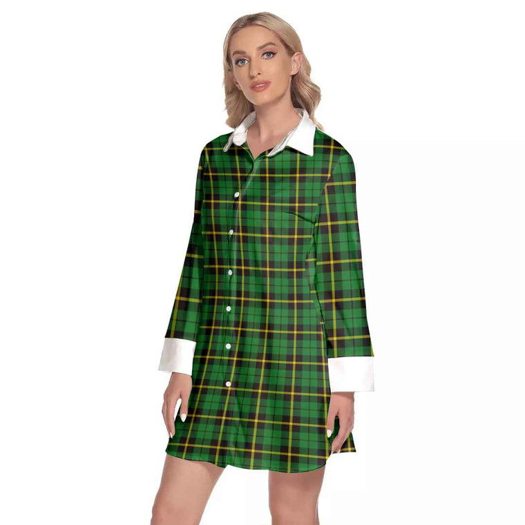 Scottish Wallace Hunting - Green Clan Tartan Lapel Shirt Dress with Long Sleeves Tartan Blether 2
