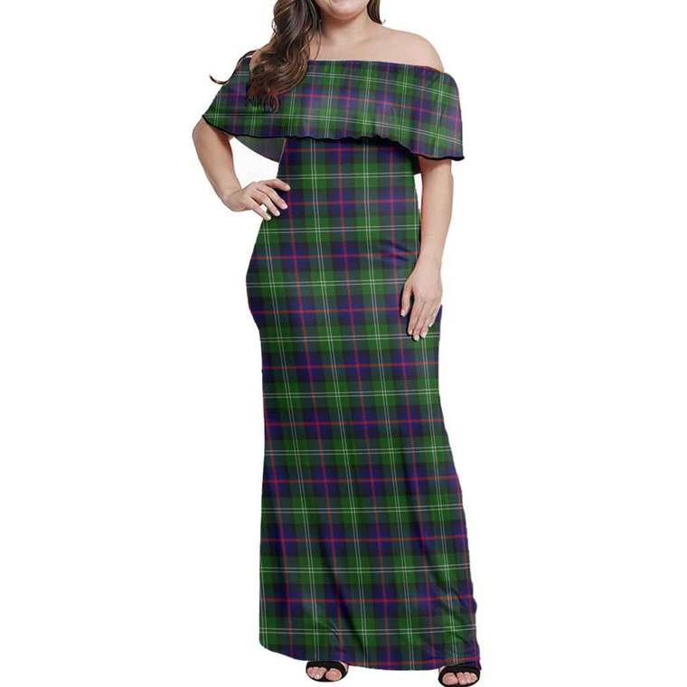 Scottish Sutherland Modern Clan Tartan Women Off Shoulder Long Dress Tartan Blether 1