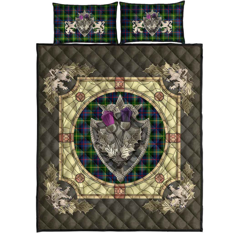 Scottish Farquharson Modern Clan Tartan Quilt Bed Set - Crystal Thistle Shield Tartan Blether 1