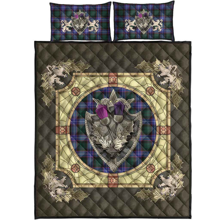 Scottish Hunter Modern Clan Tartan Quilt Bed Set - Crystal Thistle Shield Tartan Blether 1
