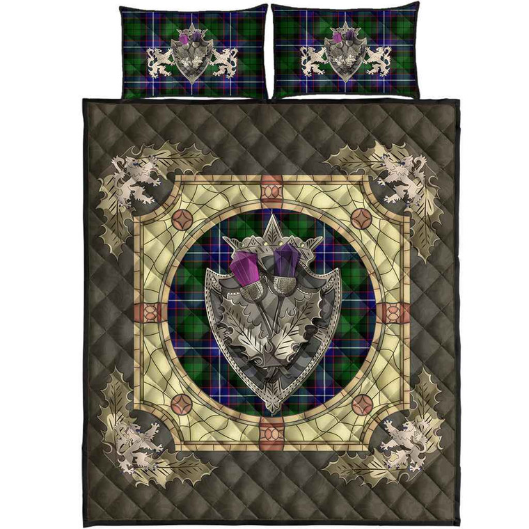 Scottish Russell Modern Clan Tartan Quilt Bed Set - Crystal Thistle Shield Tartan Blether 1