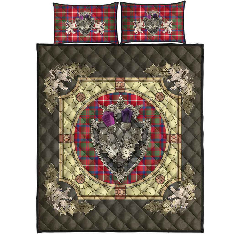 Scottish Shaw Red Modern Clan Tartan Quilt Bed Set - Crystal Thistle Shield Tartan Blether 1