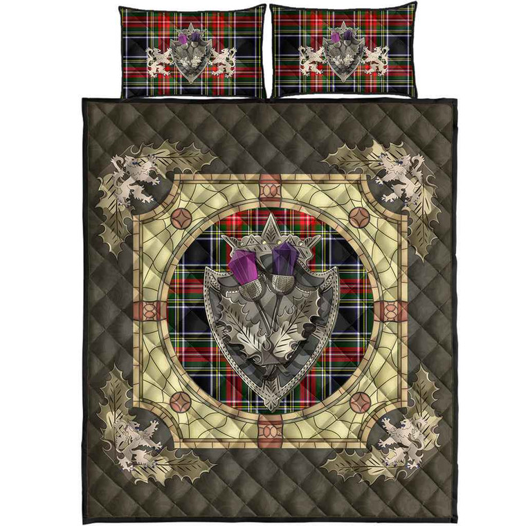 Scottish Stewart Black Clan Tartan Quilt Bed Set - Crystal Thistle Shield Tartan Blether 1
