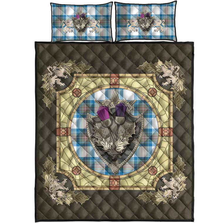 Scottish Stewart Muted Blue Clan Tartan Quilt Bed Set - Crystal Thistle Shield Tartan Blether 1