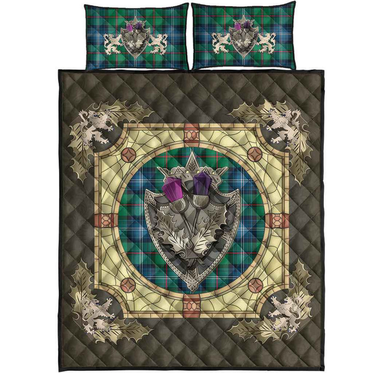 Scottish Urquhart Ancient Clan Tartan Quilt Bed Set - Crystal Thistle Shield Tartan Blether 1