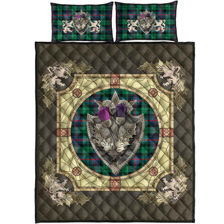 Scottish Urquhart Broad Red Ancient Clan Tartan Quilt Bed Set - Crystal Thistle Shield Tartan Blether 1