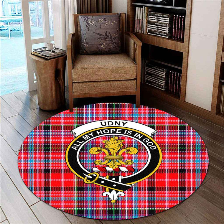 Scottish Udny Clan Crest Tartan Round Rug Tartan Blether 2