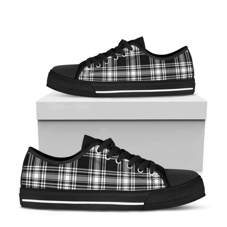 Scottish Menzies Black & White Modern Clan Tartan Low Top Shoes Black Sole Tartan Blether