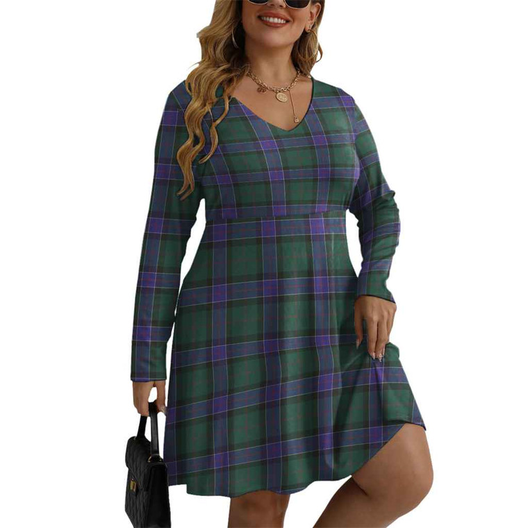 Scottish Sinclair Hunting Modern Clan Tartan Women V-neck Long Sleeve Dress Tartan Blether 1