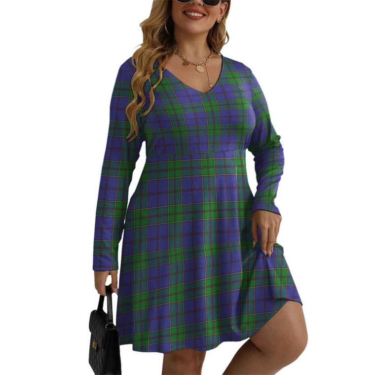 Scottish Strachan Clan Tartan Women V-neck Long Sleeve Dress Tartan Blether 1