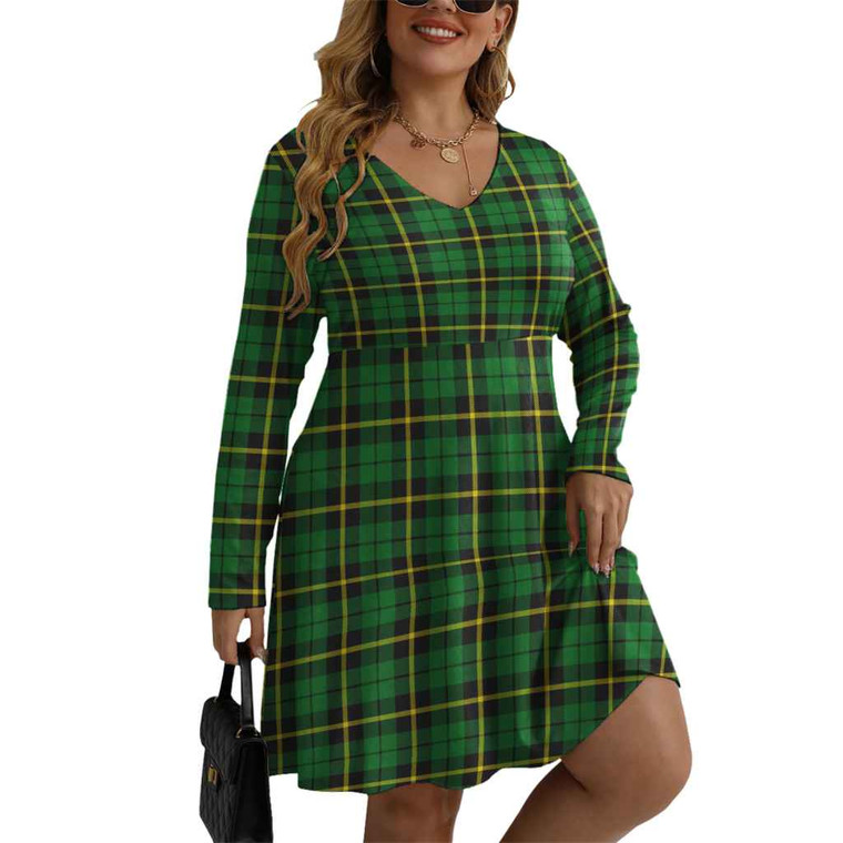 Scottish Wallace Hunting - Green Clan Tartan Women V-neck Long Sleeve Dress Tartan Blether 1