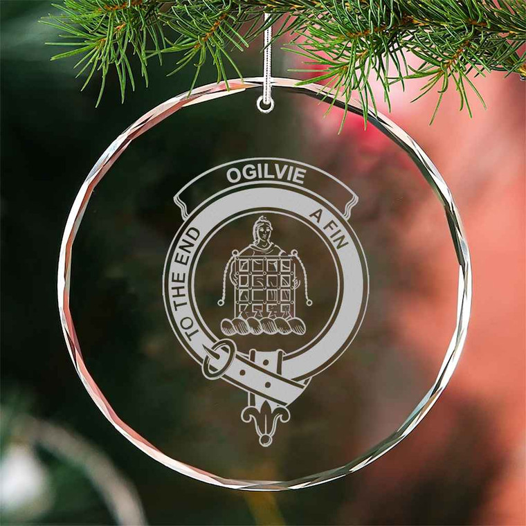 Scottish Ogilvie Clan Crest Crystal Ornament Circle Shape Tartan Blether