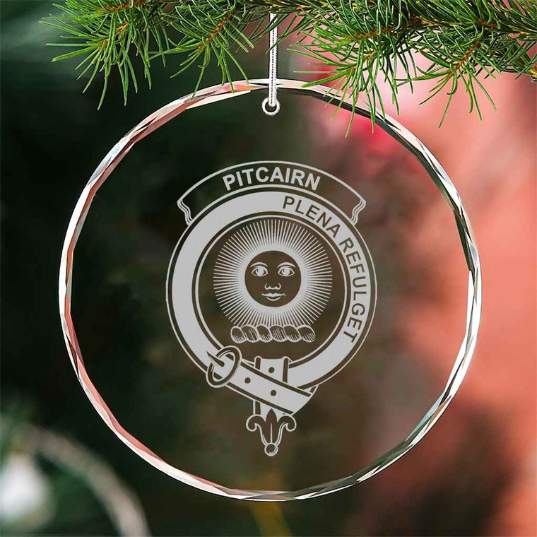 Scottish Pitcairn Clan Crest Crystal Ornament Circle Shape Tartan Blether