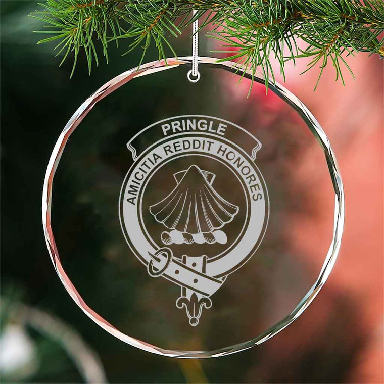 Scottish Pringle Clan Crest Crystal Ornament Circle Shape Tartan Blether