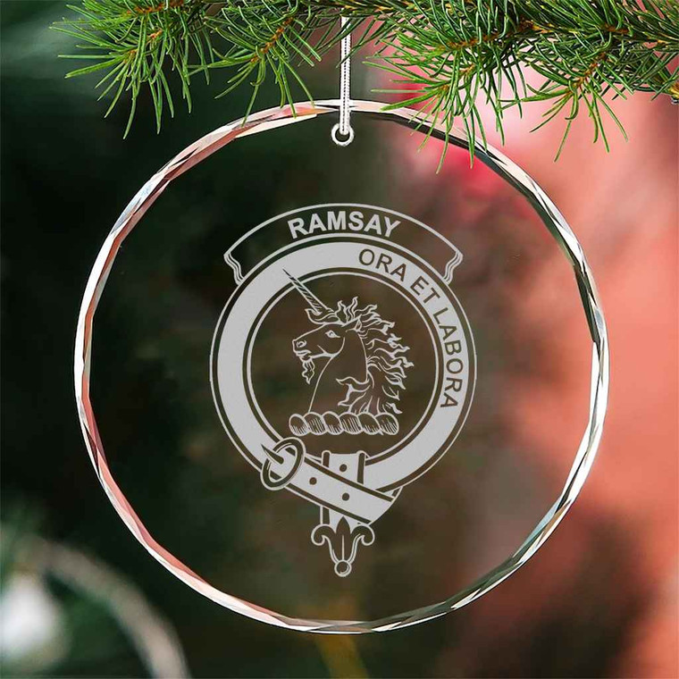 Scottish Ramsay Clan Crest Crystal Ornament Circle Shape Tartan Blether